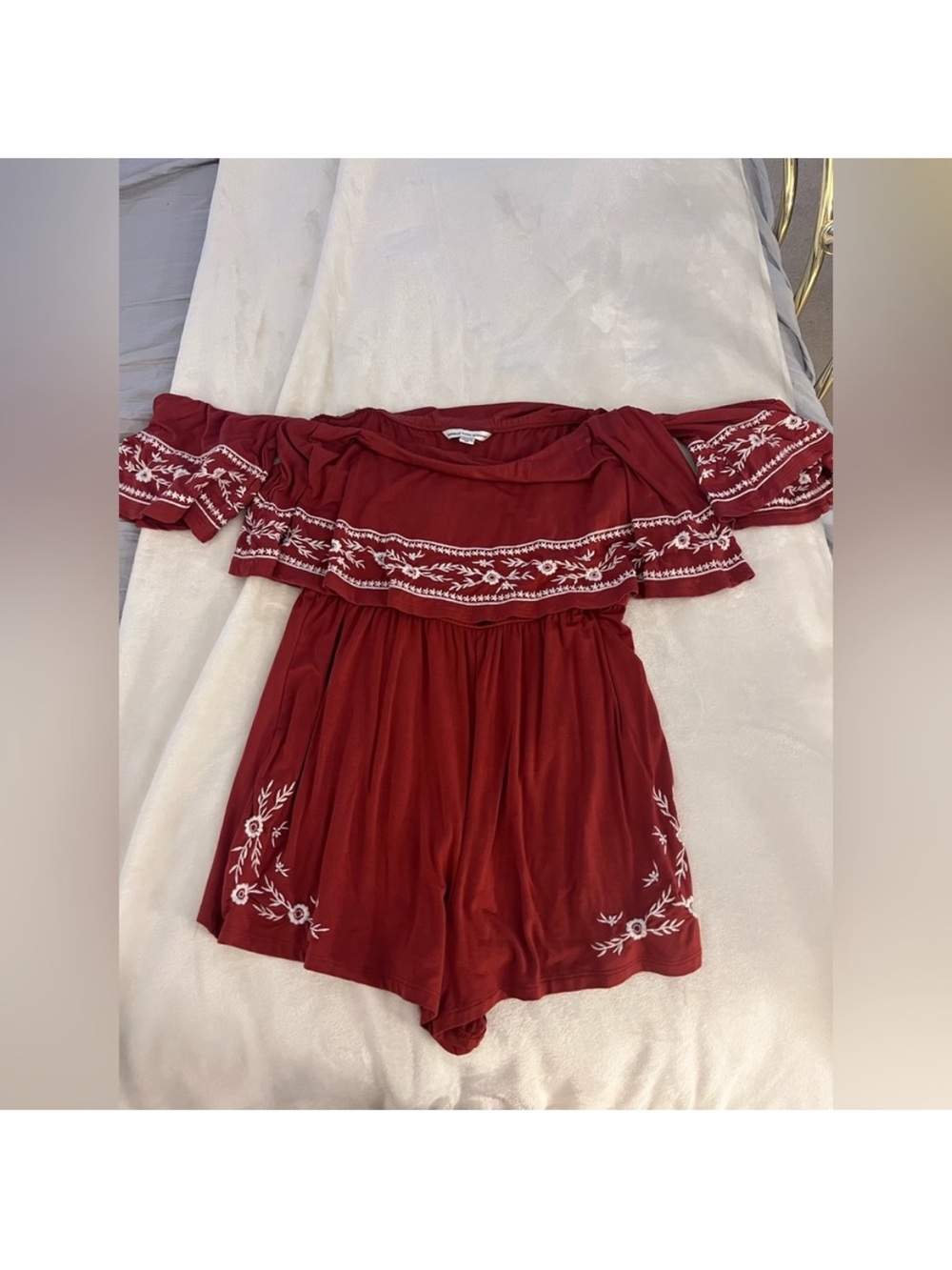 Off-Shoulder Embroidered Burgundy Romper